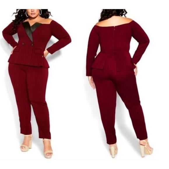 City Chic Alice off shoulder peplum Jumpsuit red size XS 14 - Picture 1 of 8